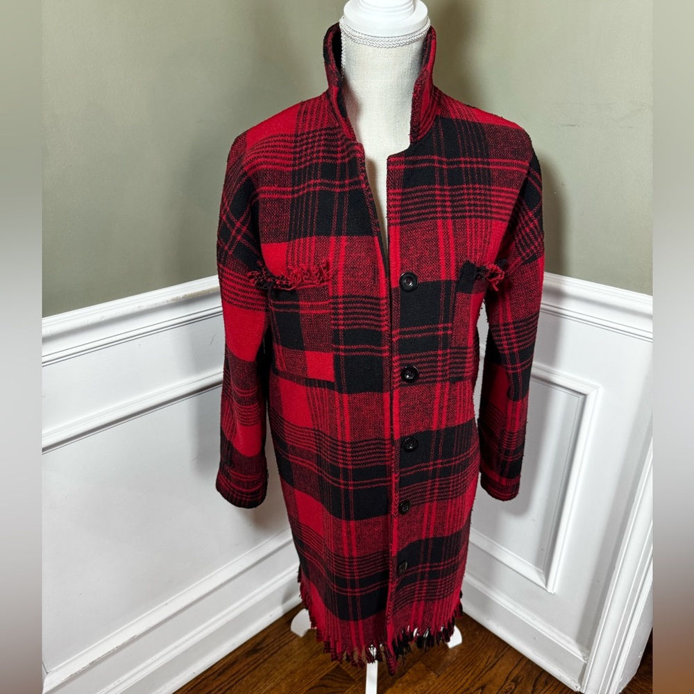 Red Black Buffalo Plaid Fringed Hem Button Front Mid Length Coat Jacket